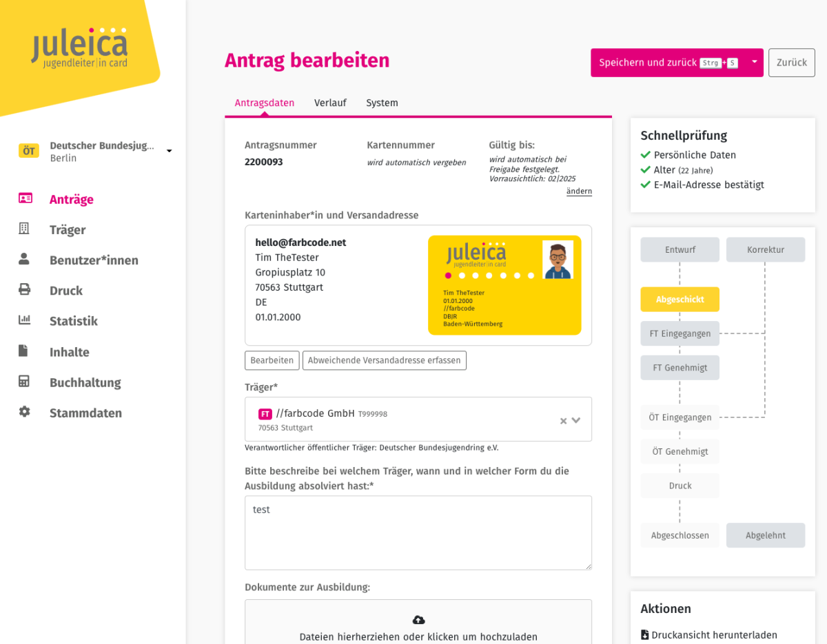 Screenshot Digitalisierung des Ehrenamts: Das Juleica Antragssystem