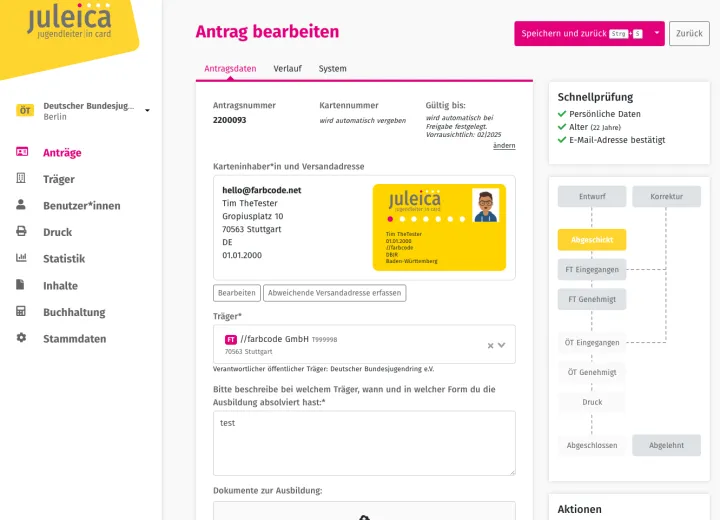 Juleica Antragssystem: Screenshot der Antragsbearbeitung