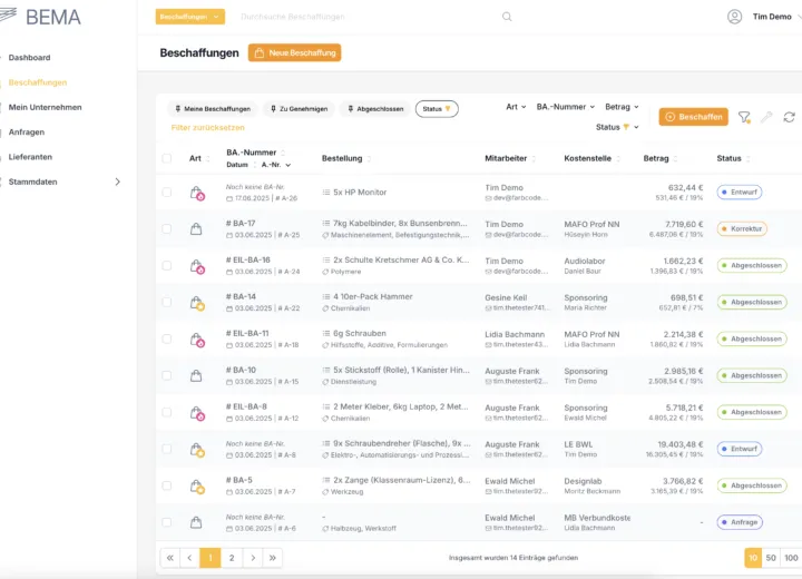 Digitales Beschaffungssystem für Hochschulen: Tabellenansicht