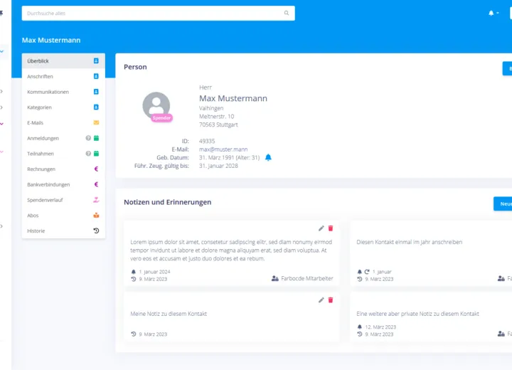 amosWeb Enterprise CRM/ERP: Kontaktübersicht